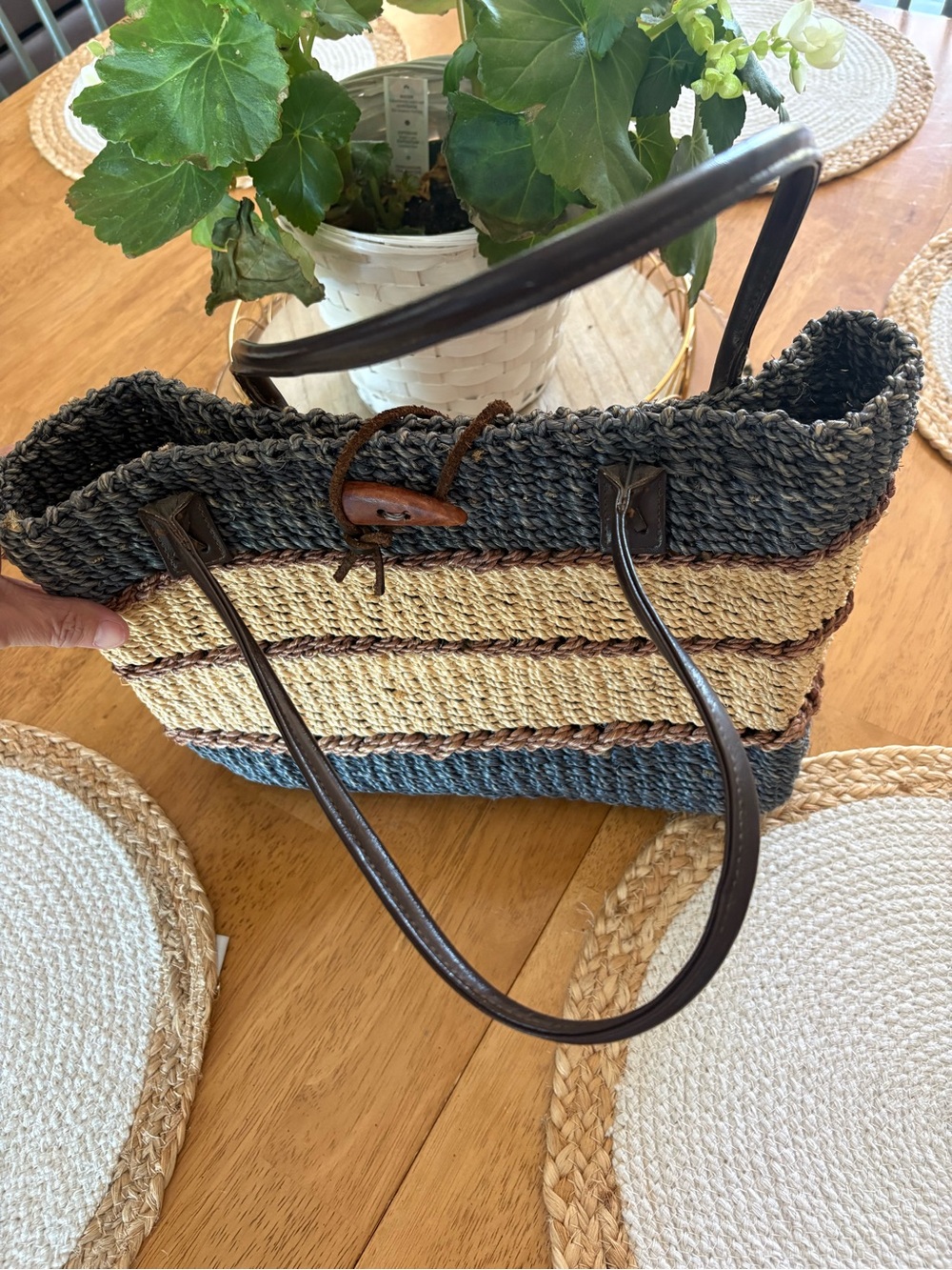 Woven Straw Tote Bag with Dark Blue, Brown and Natural Stripes - Picture 5 of 5
